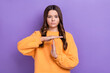 Photo of serious person hand palm demonstrate time out gesture isolated on violet color background
