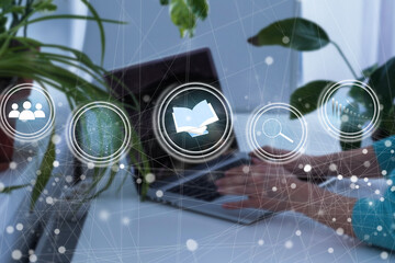 Poster - laptop computer and tablet in modern office with virtual icon diagram