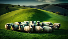 Flock Of Group Of Sheep. Generative Ai