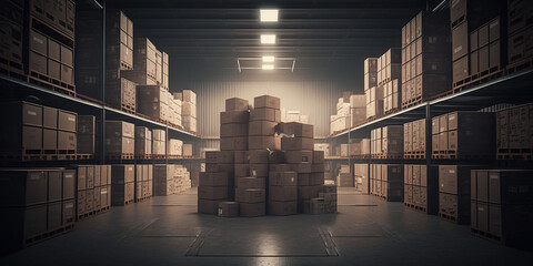 Wall Mural - delivery and storage warehouse with stack of cardboard boxes for distribution. generative ai