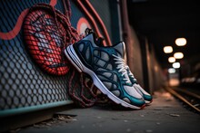Stylish Sneakers Leaning Against The Colorful Wall And Metal Lattice. Trendy Design Sneakers Street Wall In Background. Running Shoe. Sport Shoe Close-up Shot. Stylish Pair Of Sports Shoes.