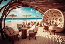 Chill out area on a paradisiacal beach. Chill out restaurant, chill out atmosphere in front of the beach. Generative AI