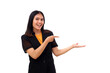 © ArvStd - Happy young asian business woman standing while pointing something on her hand. Isolated
