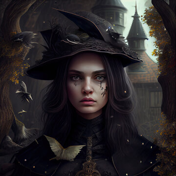 Beautiful witch in a castle, generative AI