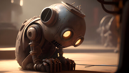 Poster - a pensive robot, a robot sadly looks down, a robot is disappointed in its existence, the robot has a thinking and he fell into thoughts about the meaning of existence. generative ai