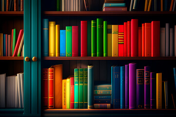 Wall Mural - a bookshelf lined with books, books with colorful bindings on bookshelves in a hand-drawn style. generative ai