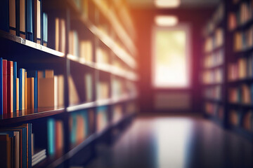 Utilize an abstract, blurred depiction of an empty college library interior with a defocused effect, featuring bookshelves in a blurry classroom