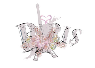 Sticker - Lettering Paris decorated with summer and spring flowers. Hand drawn vector illustration.