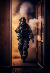 Wall Mural - Firefighter entering through the door of the burning house.