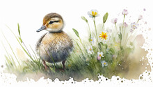 Watercolor Painting Of Cute Duckling In A Colorful Flower Field. Ideal For Art Print, Greeting Card, Springtime Concepts Etc. Made With Generative AI.
