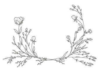 Wall Mural - Hand drawn line floral frame. Elegant vintage wreath. Logo template. Illustration botanical decoration elements for label, branding business identity, wedding invitation, greeting card