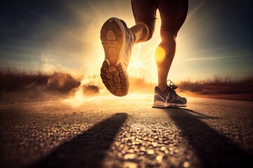 Running Feet With Sunlight, Training To Be Winner, Self Challenge Theme Concept. Generative AI