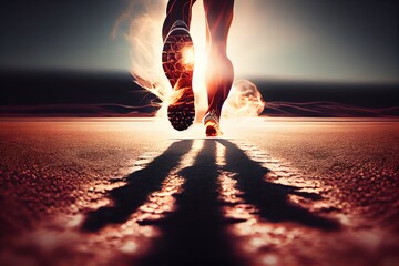 Running Feet With Sunlight, Training To Be Winner, Self Challenge Theme Concept. Generative AI