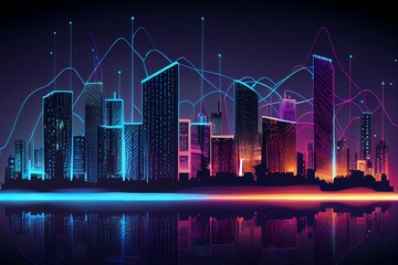 Wall Mural - Smart City At Night, Application Development Concept, Smart City, Internet Of Things, Smart Life, Information Technology, Gradient Grid Line. Generative AI