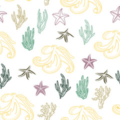 Seamless coral pattern line art. Vector octopus. Vector of the sea pattern. Children's color print is multicolored.