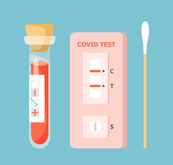 Poster - Blood sample and nose swab with positive coronavirus test. Tools or science kit for covid testing on blue background vector illustration. Health, medicine, pandemic, disease concept