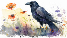 Watercolor Painting Of Beautiful Raven In A Colorful Flower Field. Ideal For Art Print, Greeting Card, Springtime Concepts Etc. Made With Generative AI.