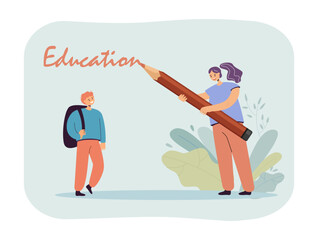 Aufkleber - Female teacher writing education for boy vector illustration. Cartoon woman with big pencil teaching male student with backpack. Pupil learning to read. Education, lettering, knowledge concept
