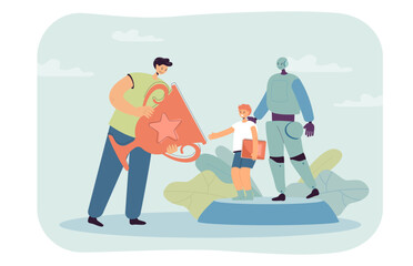 Aufkleber - Man giving boy huge trophy for winning robotics competition. Robotic character standing next to happy child receiving prize flat vector illustration. Technology, success, achievement, robotics concept