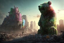 Post-apocalyptic World Where The Remnants Of Society Are Being Overrun By Giant, Animated Gummy Bears Illustration Generative Ai