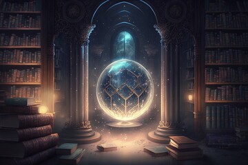 mystical library filled with ancient tomes and magical artifacts, with glowing runes etched into the shelves and floating orbs of light guiding the way illustration generative ai