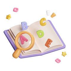 Poster - Magnifying glass with open book with alphabet isolated on pastel background. icon symbol clipping path. education. PNG 3d render illustration