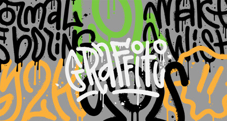 Wall Mural - Abstract Urban Street Art Graffiti Style Background Template. Wall with many painted words. Textured inscription decorative lettering vandal street art on the city wall. Vector Illustration