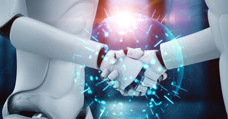 Poster - 3D rendering hominoid robot handshake to collaborate future technology development by AI thinking brain, artificial intelligence and machine learning process for 4th industrial revolution.