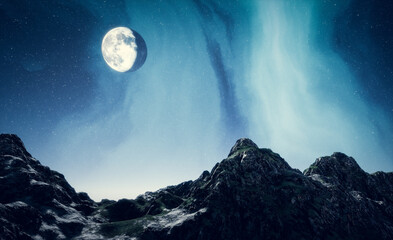 Wall Mural - Mountains landscape at night sky with moon and northern lights
