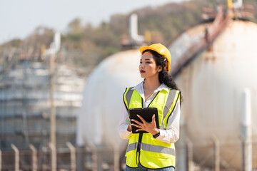 female engineer with hardhat with petrochemical factory background. asian woman holding tablet, plan and Walkie Talkie.