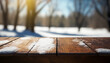 Empty wooden table with snow bokeh background. Winter season. Template mock up for display of product. Generative ai.