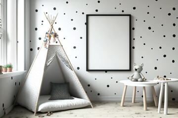 Canvas Print - mock up of a frame in a kids' room. Bohemian and Scandinavian decor. Generative AI