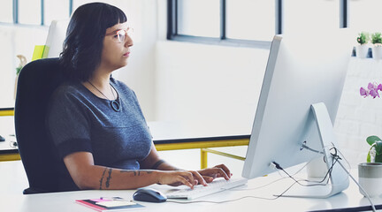 Poster - Business, computer for typing and woman planning, focus and online reading for news, email and proposal for advertising campaign. Female employee, leader and manager with pc, thinking and workplace