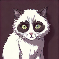  illustration of a fictional white cat with dark fur parts and green eyes, generative ai