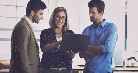Fototapete - Laptop, collaboration and happy business people consulting on social network, customer experience or ecommerce. Brand monitoring teamwork, website feedback and media team review of online survey data
