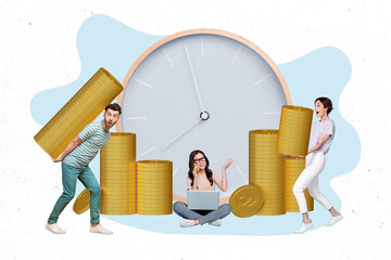 Composite photo artwork collage of young business company teamworking collect money tokens deadline payment timer isolated on white background