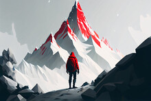 Generative AI Image Of Back View Full Body Lonely Traveler In Red Hoodie With Backpack Standing On Hill Against White Mountain Covered With Blood