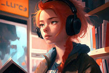 An Anime-style Girl With Red Hair Wearing Headphones, Lo-fi Style, Generative Ai