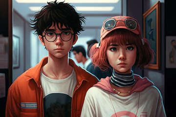 Anime style teenagers, boy and girl standing next to each other, generative ai