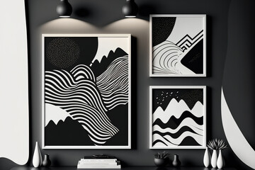  background of an abstract wall art collection. Monochromatic, black and white, organic shape wall decor. Painting abstract for use as interior décor, posters, covers, and postcards. Generative AI