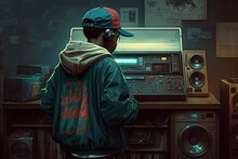 A Lofi Boy Wearing Headphones Standing In Front Of A Retro Sound System, Generative Ai