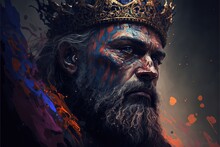 Old King In A Crown On A Gradient Background. Leader, Combat Makeup, Tattoos, Tribal Leader, Black Skin, Symbol Of Power. Illustration In High Quality. Generative AI