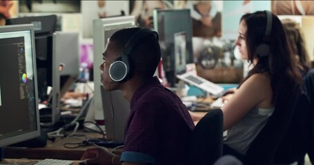 Poster - Photography design, editor software or black man on computer working with headphones in a office. Developer work, creative content and employee planning a tech blog magazine layout for online website