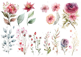 Watercolor flowers set isolated on white background, made with generative ai, ai art