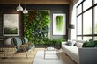 © artemstepanov - Green Wall, Vertical Garden, Eco Bio Room Interior with Live Plans, Abstract Generative AI Illustration