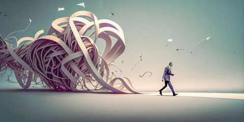 smart businessman walking among the chaos looking for the solution to solve problems
