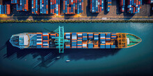 Container Ship With World Map Digital Network, Shipping Import Export Transportation, Generative AI