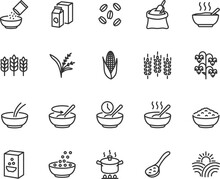 Vector Set Of Cereals Line Icons. Contains Icons Porridge, Cereal Flakes, Oatmeal, Wheat, Buckwheat, Corn, Barley, Rice, Flour And More. Pixel Perfect.