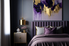 Purple Artwork Decorates The Pastel Bedroom With A Gold Lamp On A Grey Cabinet Next To The Bed. Generative AI