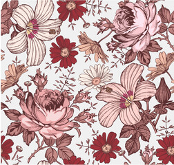 Wall Mural - Seamless pattern. Beautiful pink blooming realistic isolated flowers. Vintage background. Set Chamomile Roses hibiscus mallow wildflowers. Wallpaper. Drawing engraving. Vector victorian Illustration